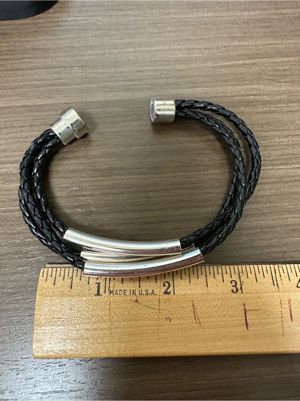 Men's Black Braided Leather Bracelet with Silver Accents